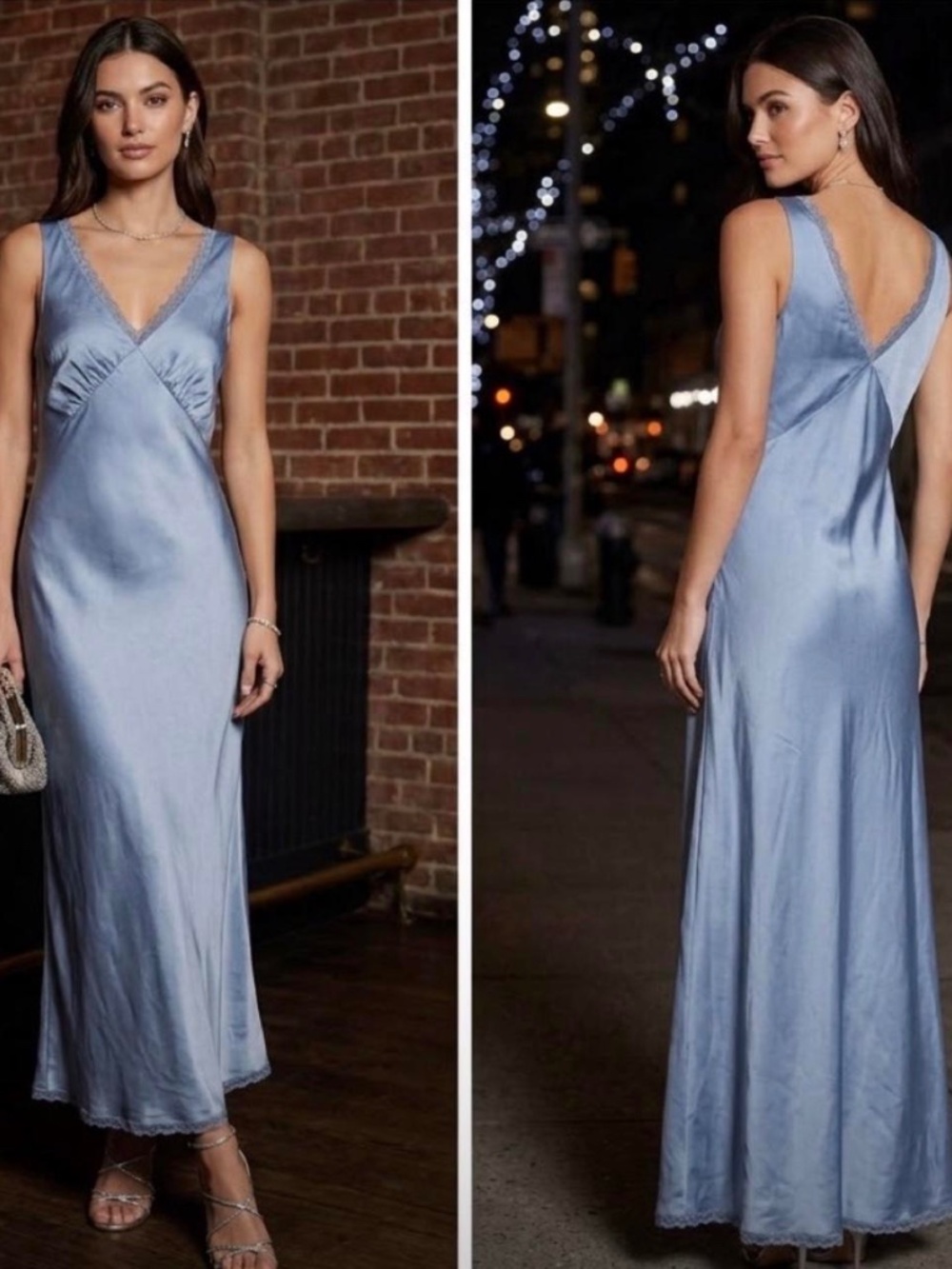 American Eagle Periwinkle Blue Satin Lace Trim Maxi Slip Dress L Worn Onc